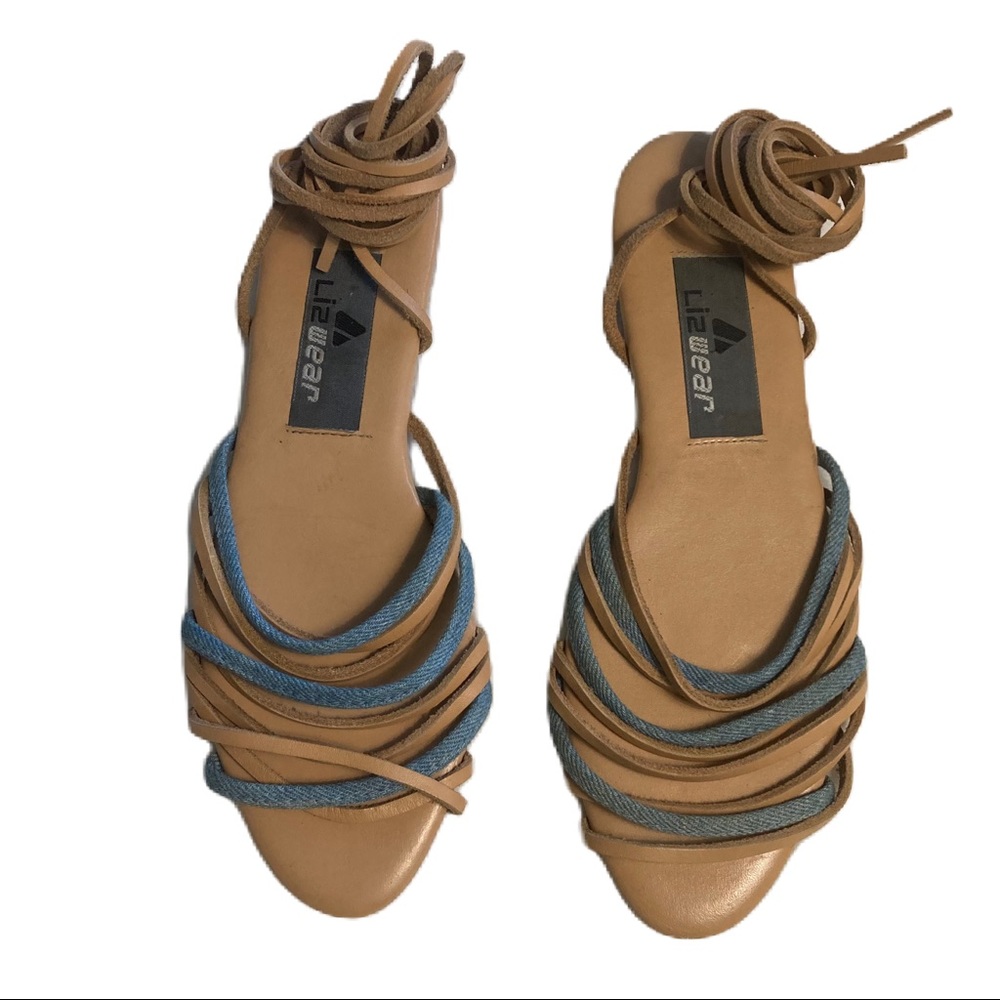 Leather and Denim Strap Sandals